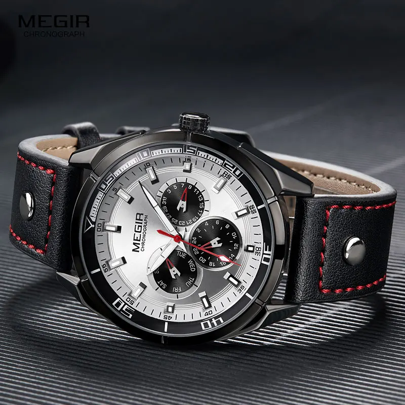 Люксовые часы от бренда MEGIR, Для мужчин черный кожаный ремешок кварцевые часы Водонепроницаемый световой наручные часы для мужчин в течение 24 часов в неделю Дата Дисплей 2072G-BK-7