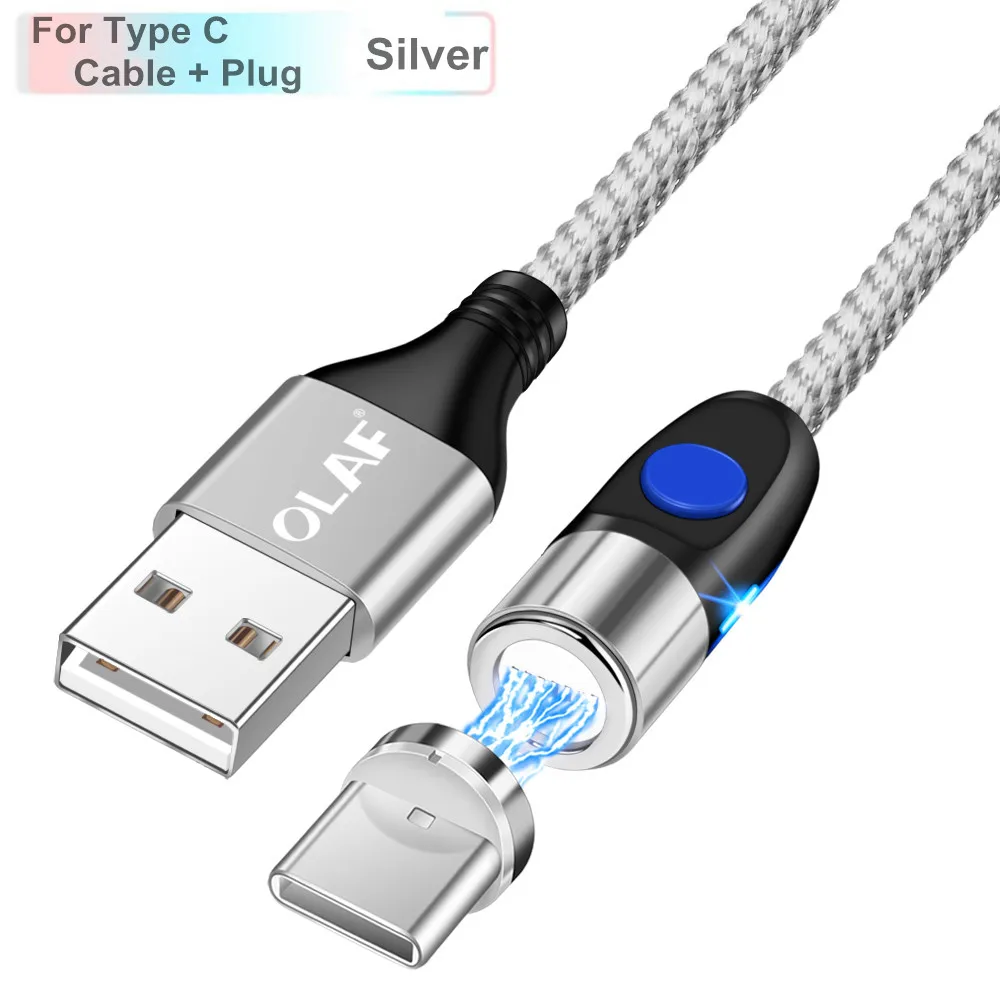 Магнитный кабель Олаф 1 м 2 м 3 А, кабель для быстрой зарядки micro usb type c для быстрой зарядки iPhone 3,0, магнитный кабель USB c type-C - Цвет: Silver For Type c