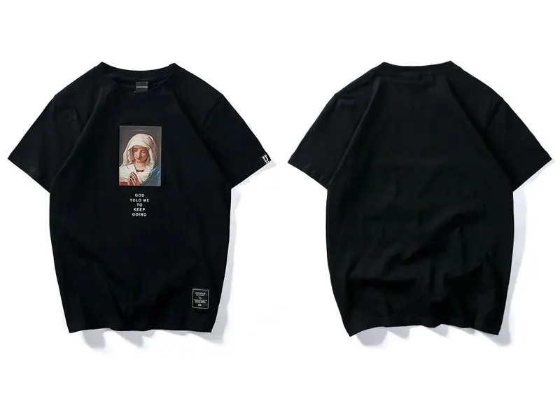 GONTHWID мужские футболки с коротким рукавом и принтом Девы Марии, Летние повседневные хлопковые хип-Хопо топы, футболки, модные уличные футболки - Цвет: Black
