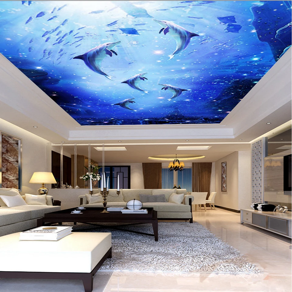 Us 24 2 45 Off Custom 3d Photo Mural Watercolor Style Blue Sea Underwater World Dolphin Ceiling Roof Mural 3d Mural Wallpaper Ceiling Decor In