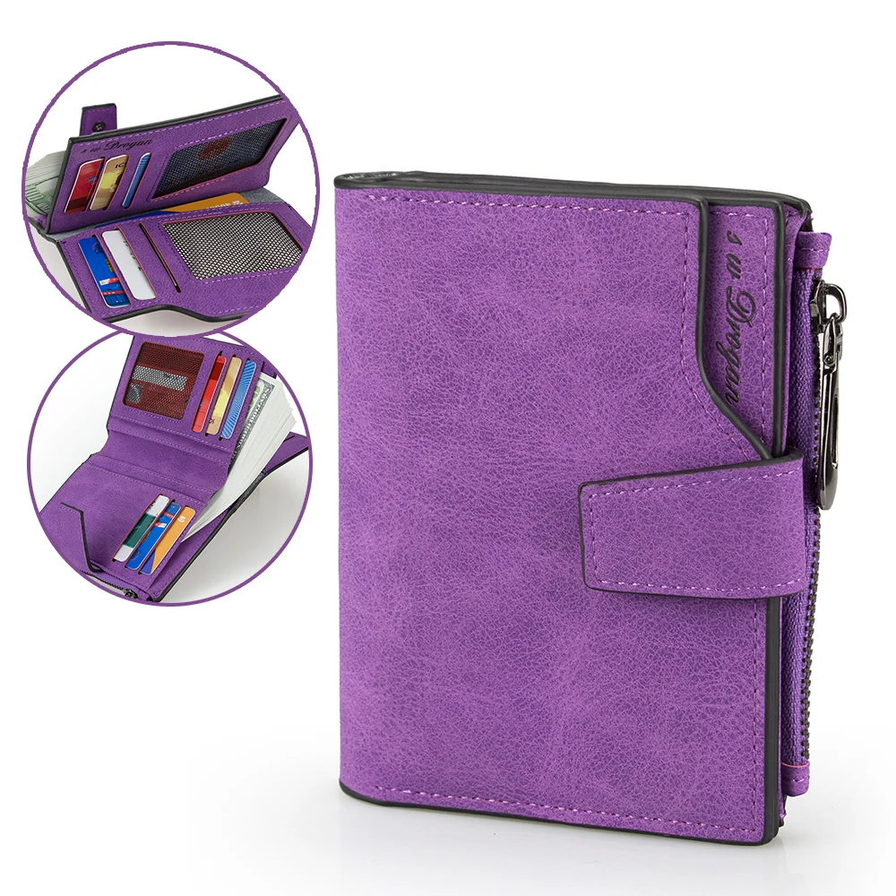

Purple Vertical Short Wallet Women Leather Wallet Matt Surface Zipper Purse Three Folds Card Holder Money Purse Casual Wallet
