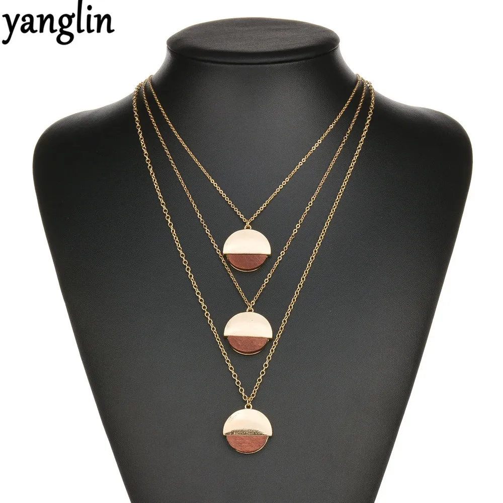 Women Fashion Trendy Necklaces Brown Wood Multi layer Geometric Round