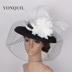Чародей шапки для женщин зимние вуали имитация Лен шляпа-таблетка коктейльное Свадебная вечеринка Цветочный перо платье