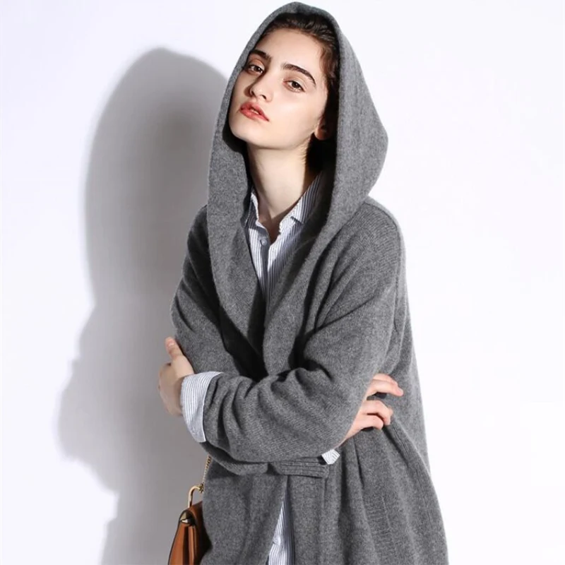 2018 Women Spring Winter New Fashion Warm Cashmere Wool Sweaters and Long Cardigans Designed Hooded Solid Casual Knitted Coats Sweaters
