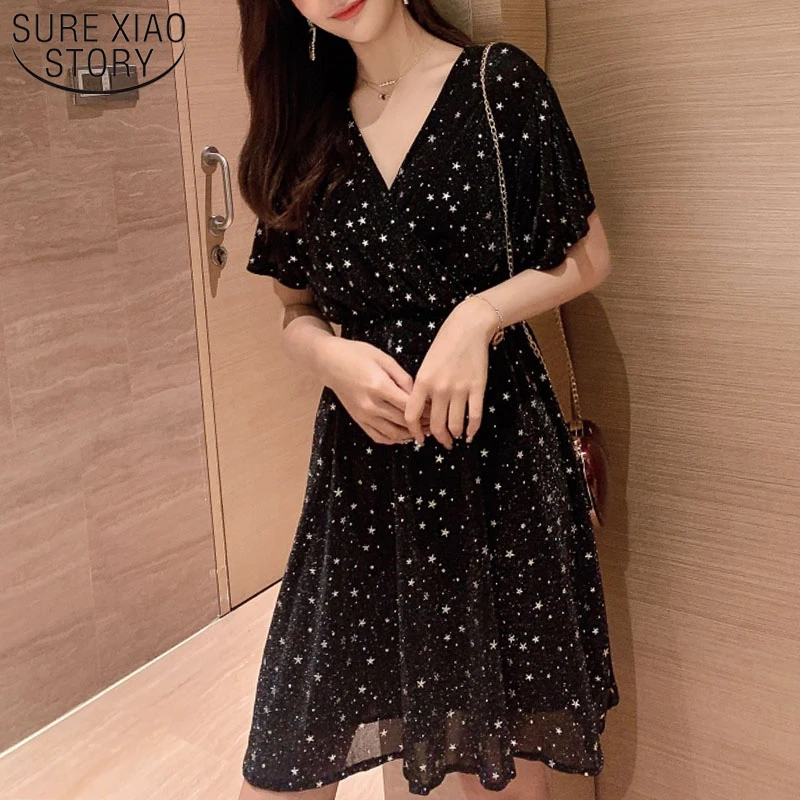 

Fashion Women Dress 2019 Summer Ladies Elegant Dresses Dot Short Sleeve Dress Empire V-Neck Chiffon Black Dress 3267 50