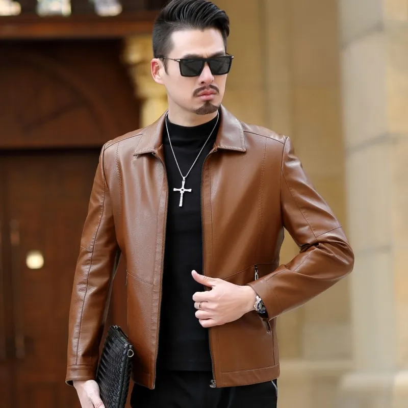 

2019 New Arrival Leather Jackets Fashion Men's jacket Male Brown Outwear Men's Coats Spring & Autumn PU Thin slim fit Jacket