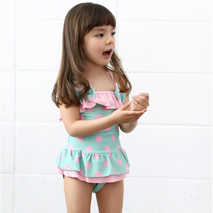 

kids swimsuit sleeveless dot printing swimwear nice suit skirt style floral edge for baby girl children wear lovely suit