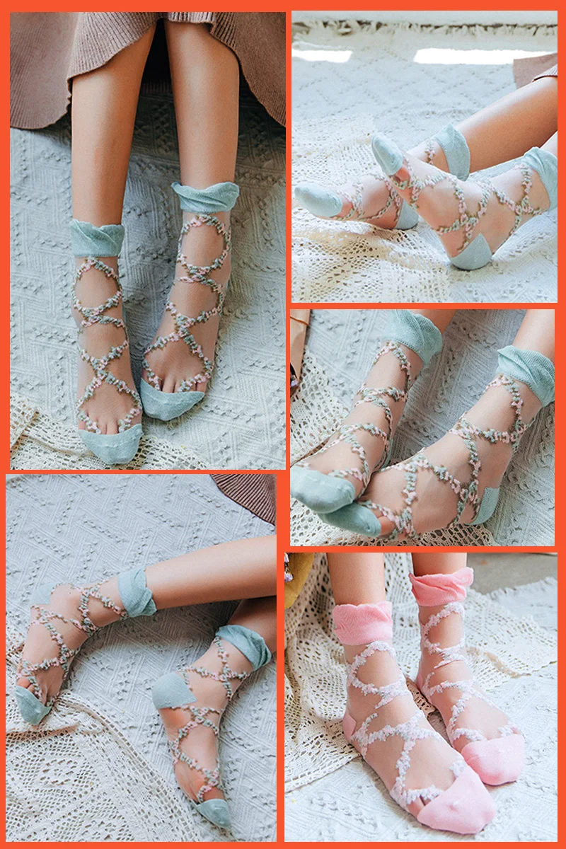 Кружевные носки для женщин, летние модные носки, прозрачные эластичные прозрачные сетчатые Носки ярких цветов, женские вечерние носки, Femme Sox