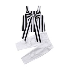 Комплект одежды в полоску для маленьких девочек; модные топы с бантом; футболка; рваные штаны