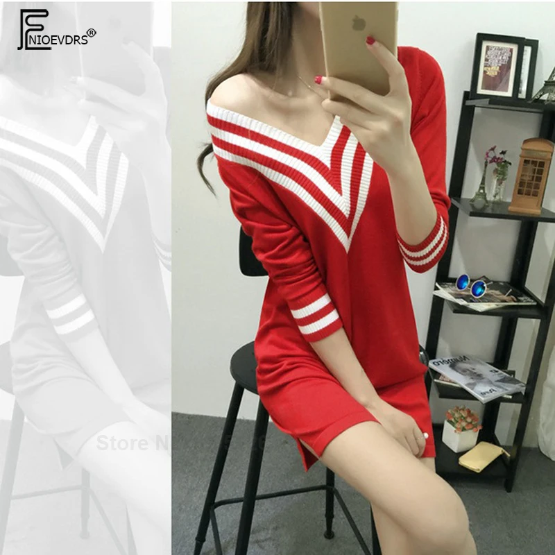 

Cute Sweet Sweater Pullovers Women Autumn Winter Basic Wear Christmas Red Black Stripe Deep V Neck Sweater Dress Pullover 8105