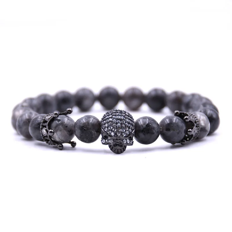 

HYHONEY Couple Bracelet 8mm Natural stone Bracelets & Bangles Pave CZ Skull Crown Charms Bracelet Men Jewelry erkek bileklik