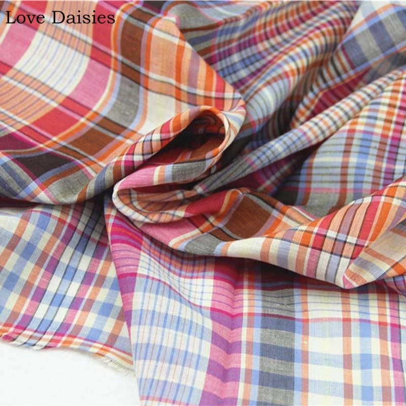 Cotton Yarn Dyed ORANGE ROSE RED Big Check Thin Textile Fabrics for DIY Summer Handwork Apparel Clothes Shirt Dress Tissue