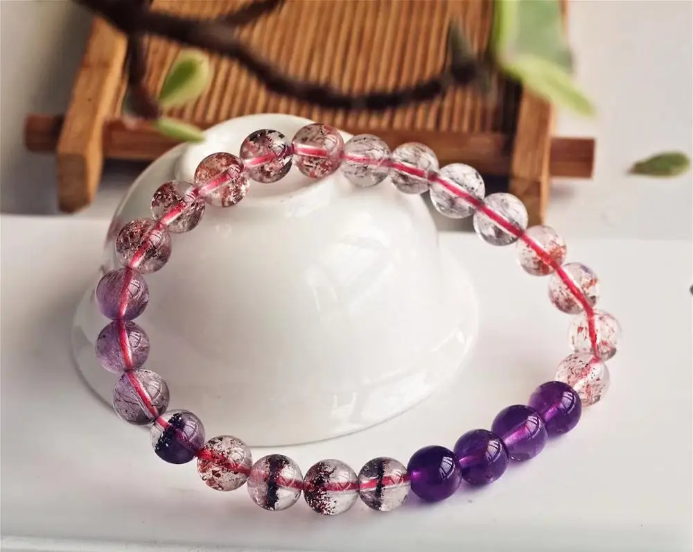 

Top Quality Natural Super Seven 7 Purple Rutilated Quartz Crystal Bracelet 7mm Women Round Beads AAAAA Certificate