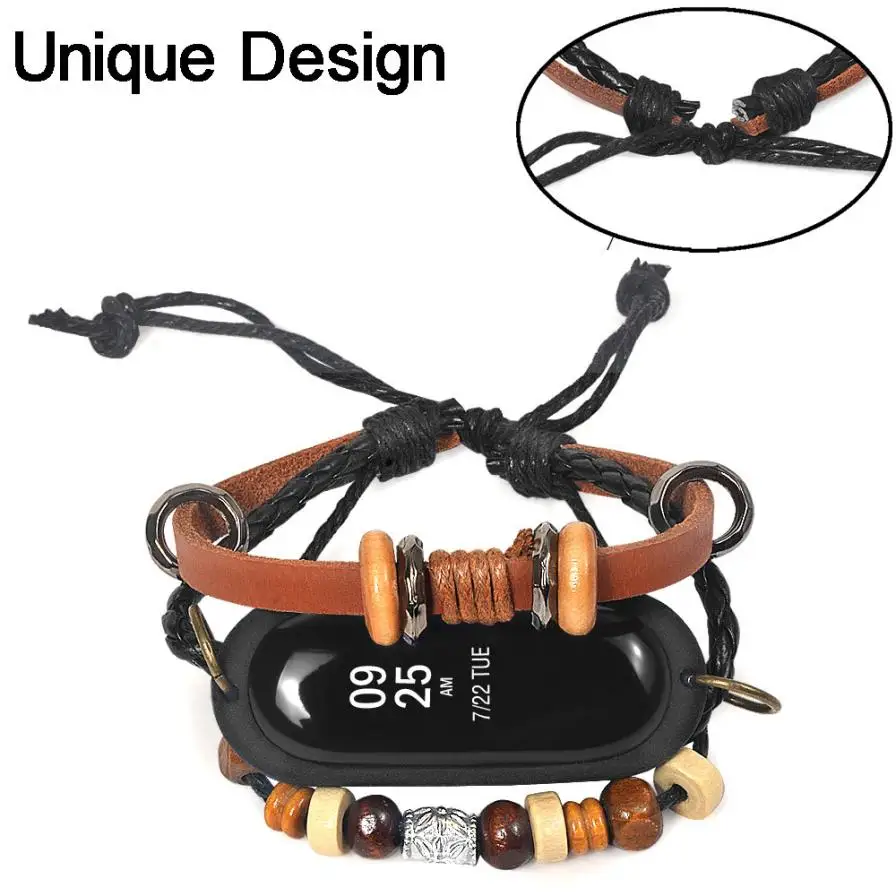 

Fashion Leather Beading Bracelet Strap Weave Braided Replacement For Xiaomi Mi Band 3