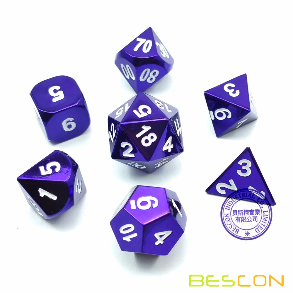 Bescon 7pcs Set Heavy Duty Metal Dice Set Glossed Color Of Purple