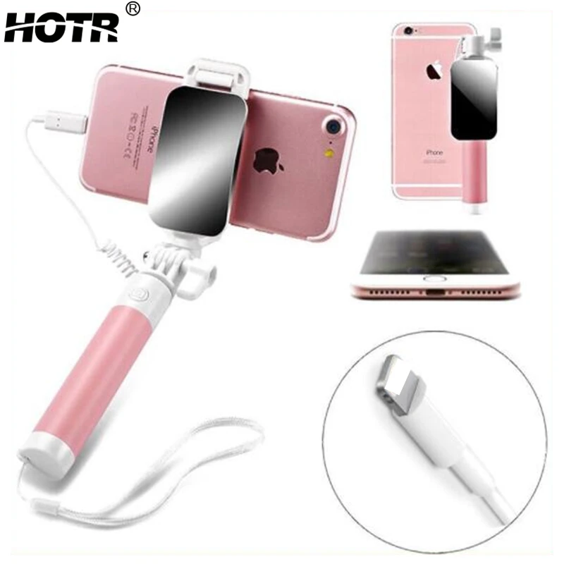 

for iphone XS MAX XR Xs X Mirror Selfie Stick Wired Selfie Silicond Monopod Extendable for iphone 6 6s 7 8 plus with Handcord