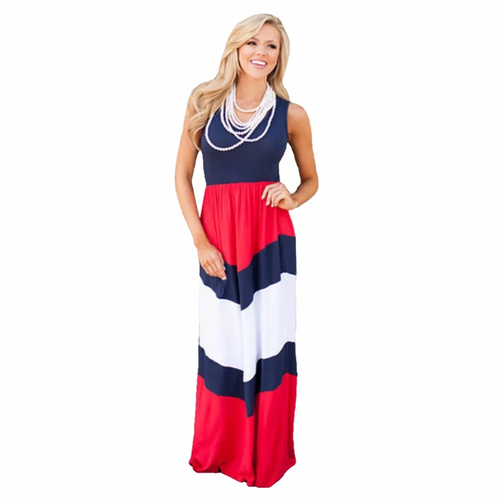 

2019 Women Striped Long Dress Sleeveless Color Block Bohemian Dress Casual Beach Maxi Dress Plus Size Sundress Female Vestido