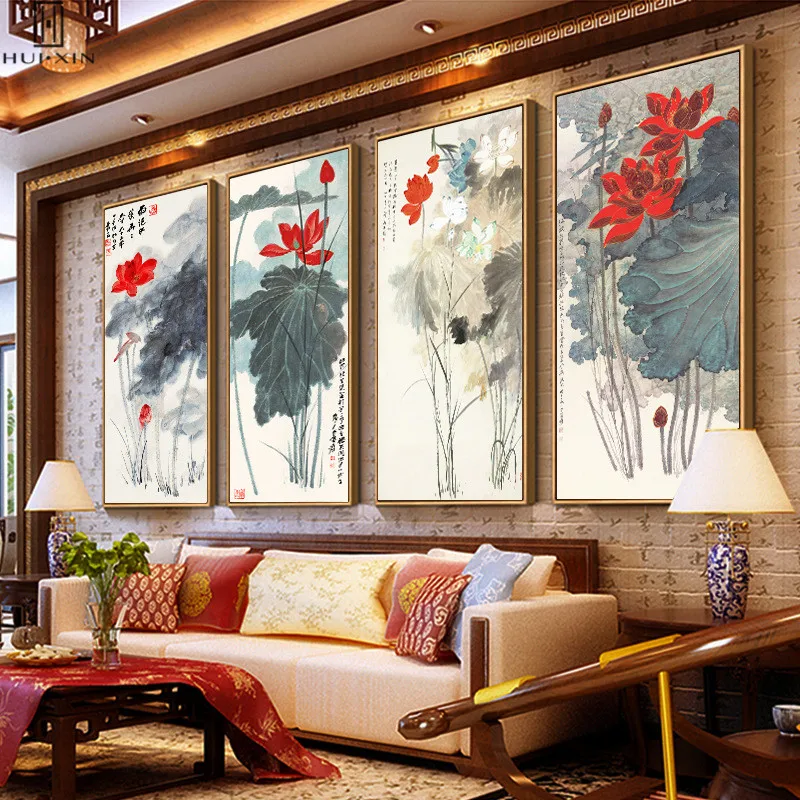 

Squint Traditional Chinese Watercolor Style Canvas Paintings Pictures For Home Decoration Whtie Red Lotus Green Lotus Leaf Stem