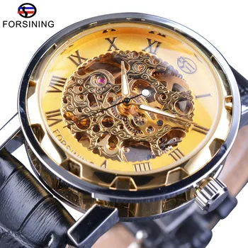 

Forsining Classic Retro Design Golden Gear Movement Transparent Men Skeleton Automatic Wrist Watch Top Brand Luxury Genuine Belt