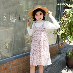 Милая модная одежда для девочек Корейский стиль футболка + кружевное платье 2 шт. детская одежда хлопковая детская одежда с длинными