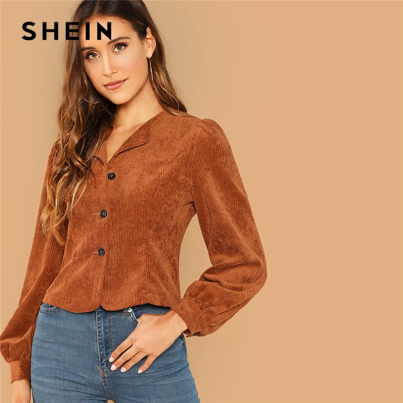 

SHEIN Casual Brown Lantern Sleeve Button Up Corduroy Single Breasted Collar Jacket Autumn Modern Lady Women Coat Outerwear