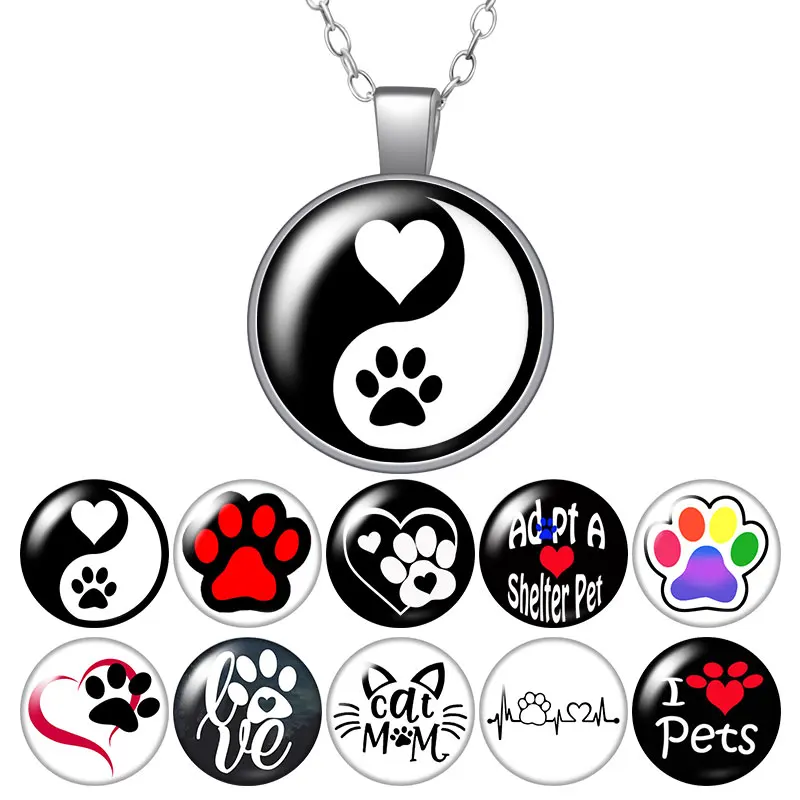 Милое круглое ожерелье с подвеской Love Pet Cats Dogs Footprint 25 мм стеклянный кабошон для