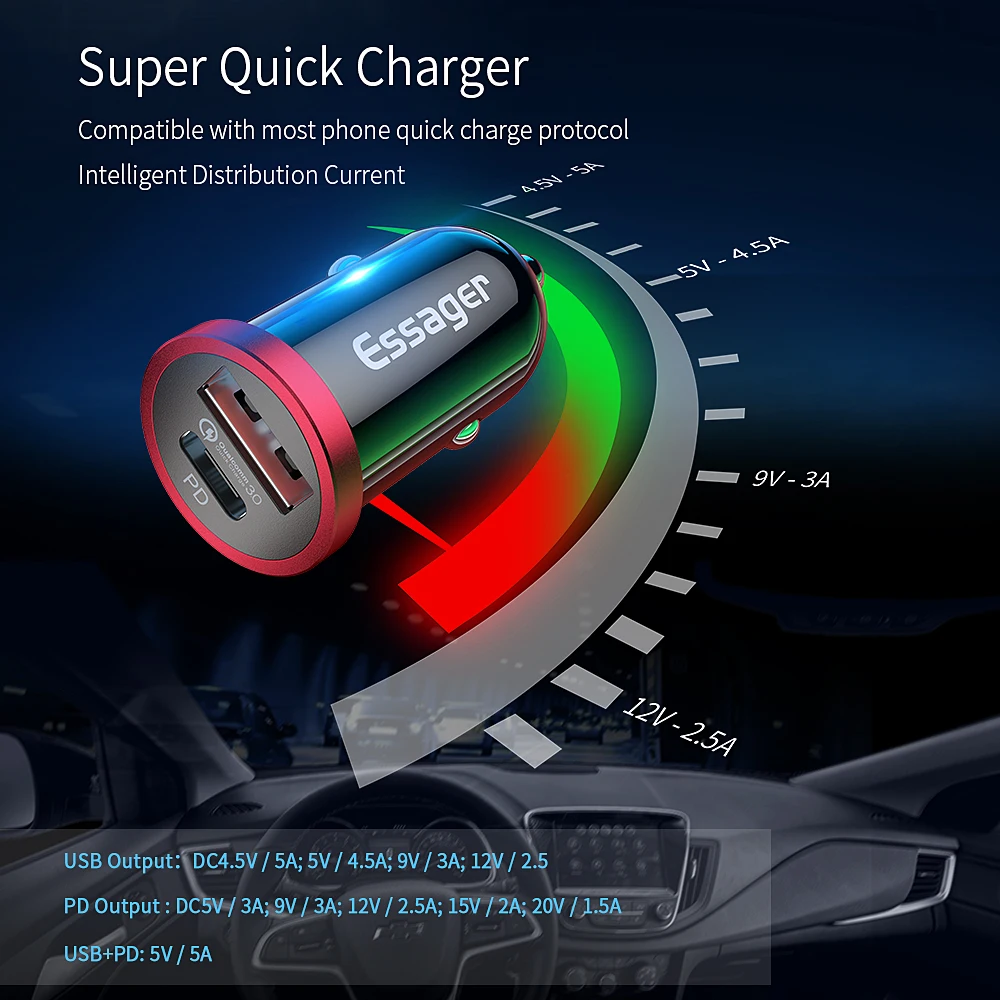 Essager شاحن سيارة سريعة تهمة 4.0 3.0 USB PD شاحن QC 3.0 4.0 شحن سريع لل Xiaomi هواوي أدائنا سيارة الهاتف شاحن