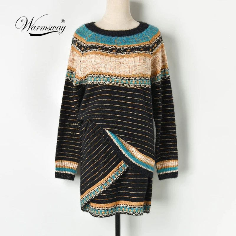 

Women Vintage Hit Striped Colored Knitted Pullovers Sweaters +Skirts 2 Pieces Clothing Sets Suits C-254
