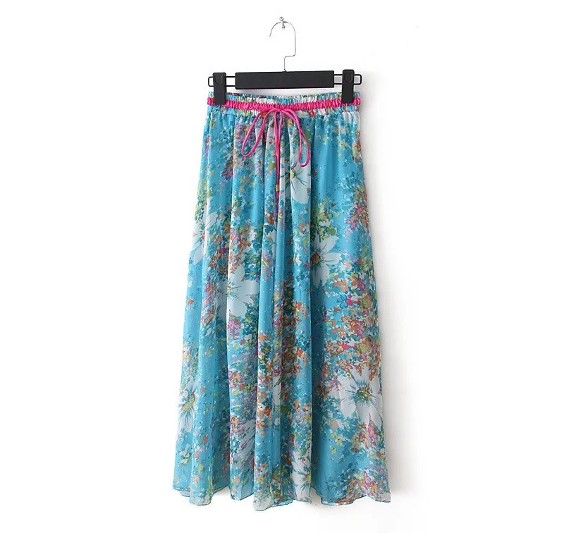 Модные богемные Стиль женское, летнее, шифоновое юбка с цветочным принтом Длинная пляжная юбка женский эластичный пояс Повседневное плиссированные юбки