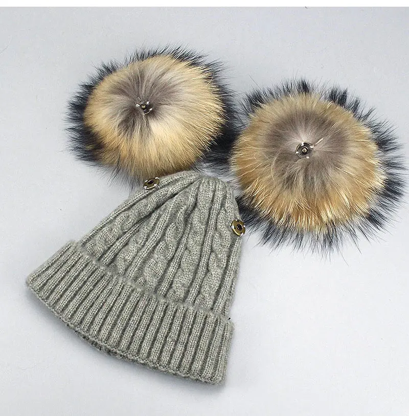 Теплая зимняя шапка для мамы и ребенка, вязаная шерстяная шапка с помпонами из натурального меха для маленьких мальчиков и девочек, шапка с помпоном из меха енота