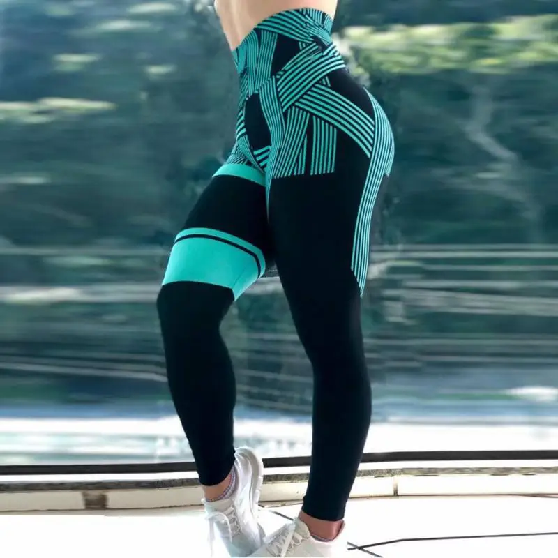 النساء عالية الخصر يغطي الرجل مخطط المطبوعة طماق البوليستر اللياقة البدنية فام تجريب Leggins رفع مرونة بنطال ملاصق للجسم