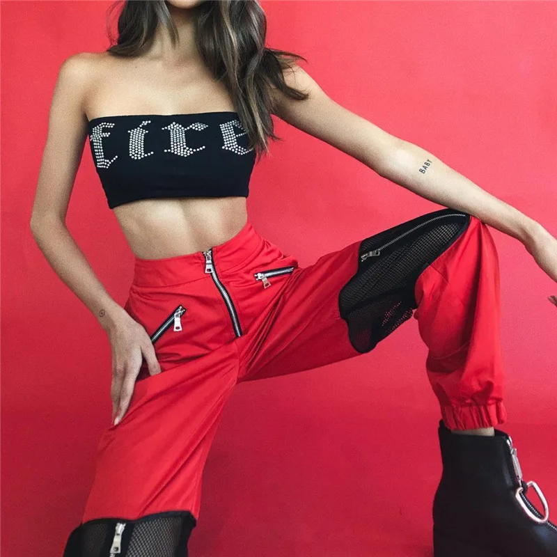 

2018 Zipper Split Elastic High Waist Long Pants mesh pants Hollow Out Loose Harem Pants Casual Fashion Trousers Sexy pantalon