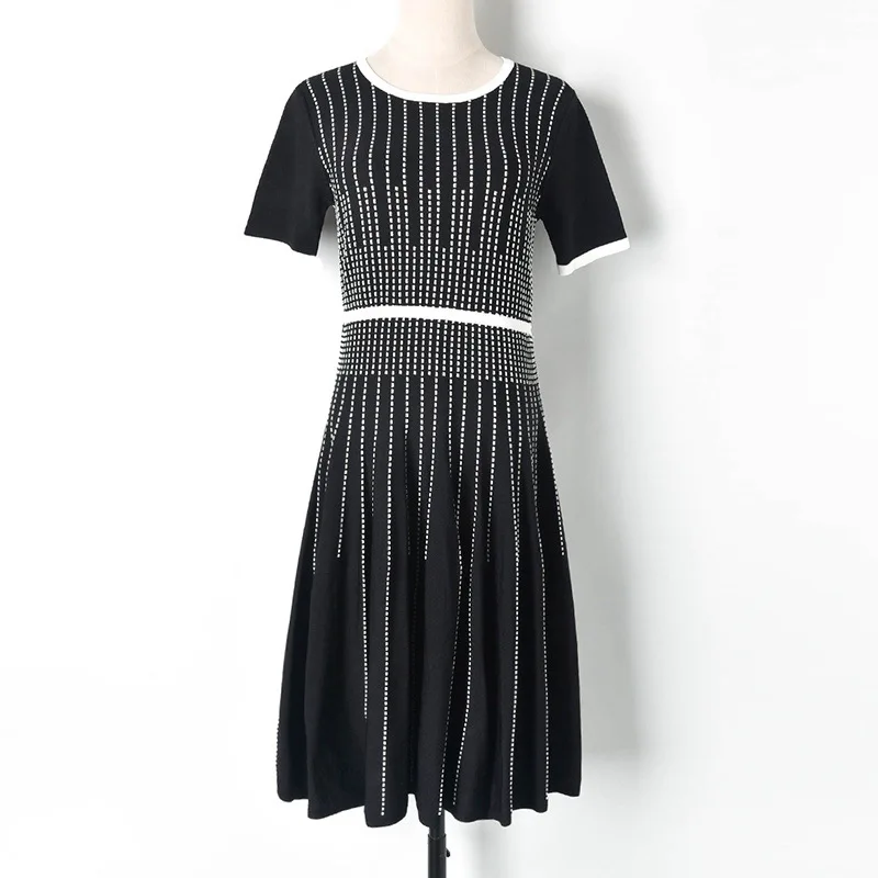 Высококачественное белое и синее платье с круглым вырезом и коротким рукавом, с геометрическим рисунком, до колена, осенне-зимнее платье, элегантное C-185 - Цвет: Черный
