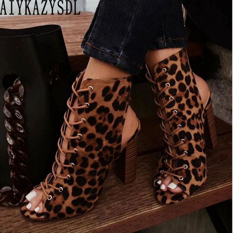 

AIYKAZYSDL Women Leopard Boots Peep Toe Ankle Boots Rome Gladiator Sandals High Top Shoes Thick Block High Heel Plus Size 40-42