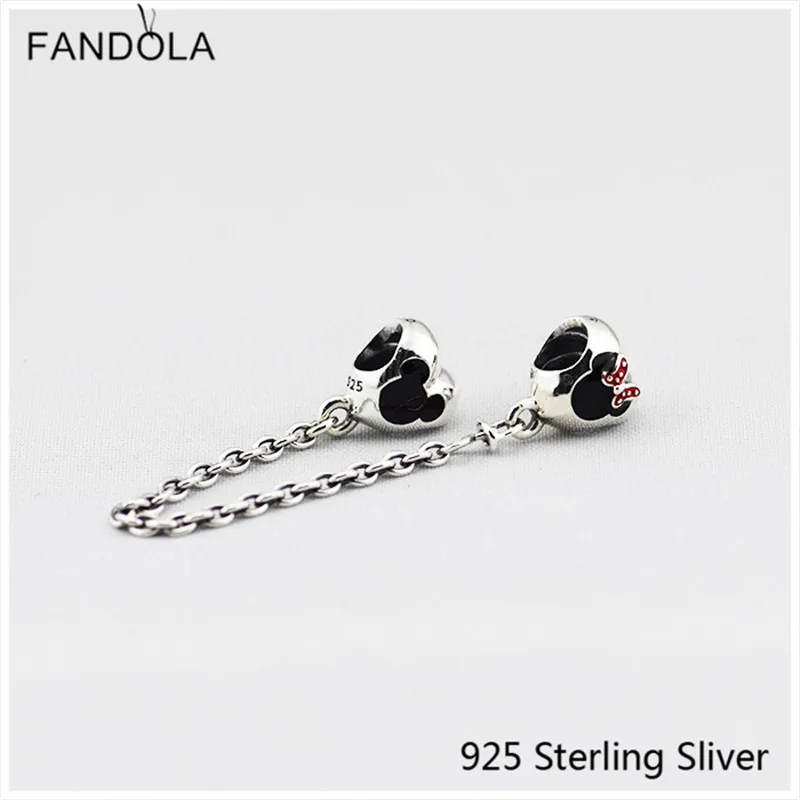 

925 Sterling Silver Heart of Mini Mouse Safety Chain Fit Brand DIY Women Bracelets Jewelry