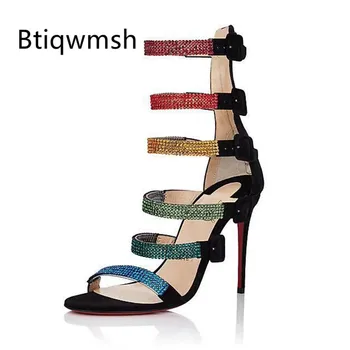 

2019 Rainbow Color Rhinestone Sandals Women Open Toe Crystal Narrow Band Strap 10cm High Heel Shoes Woman Sexy Party Shoes