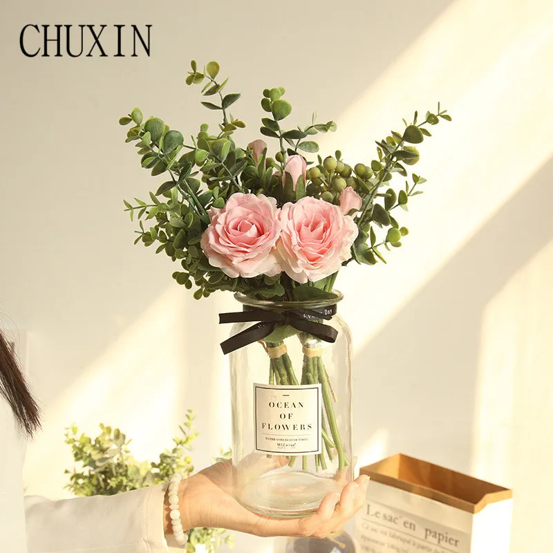 

CHUXIN Artificial flower eucalyptus rose bouquet home decoration fake flower wedding Bride holding flower Valentine's Day gift