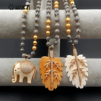 

WT-MN937 Wholesale Fashion Leaf Elephant Shape Resin Necklace With CZ Micro Pave 8mm Map Beaded Carved Necklace For Women Gift