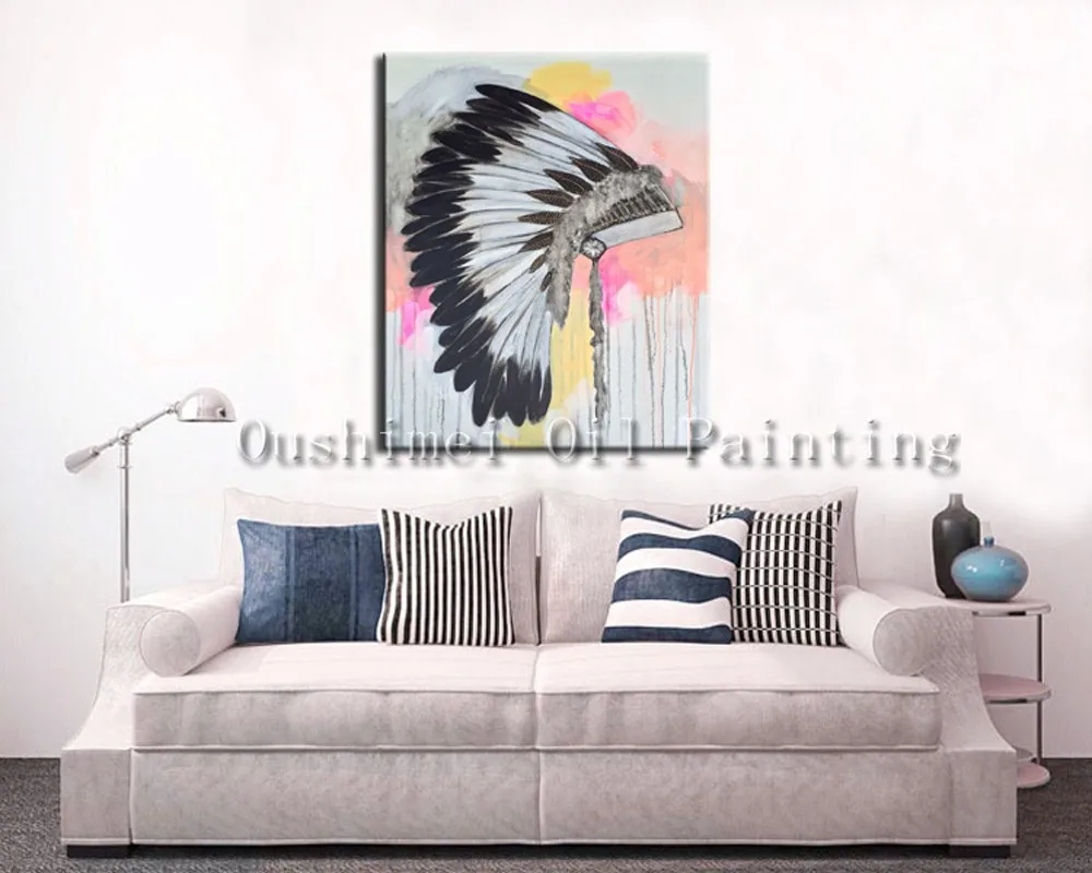 Topi Bulu Indian Tangan Dicat Lukisan Minyak Modern Gambar Dinding Topi Bulu Indian Tangan Dicat Lukisan Minyak Modern Gambar Dinding