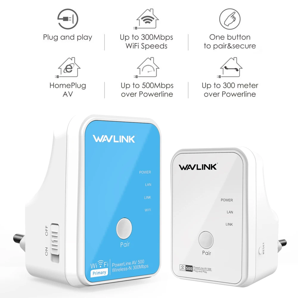 1 пара сетевой адаптер Wavlink AV500 Powerline Ethernet беспроводной N 300 Мбит/с Wi Fi удлинитель