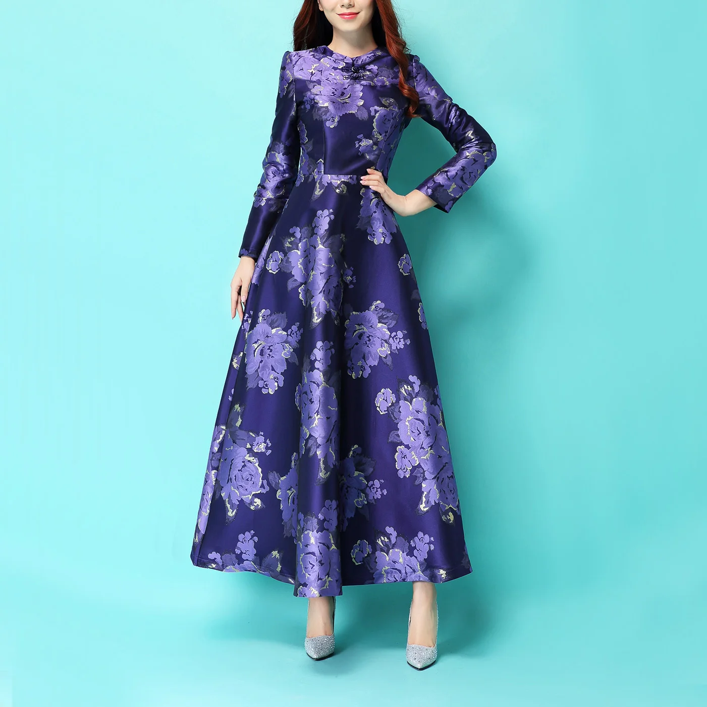 2019 Herfst Winter Paars Bloemenprint vrouwen Lange Mouw Chinese Stijl Lange Jurk Slanke Plúa Grootte Maxi Floor Lengte jurk