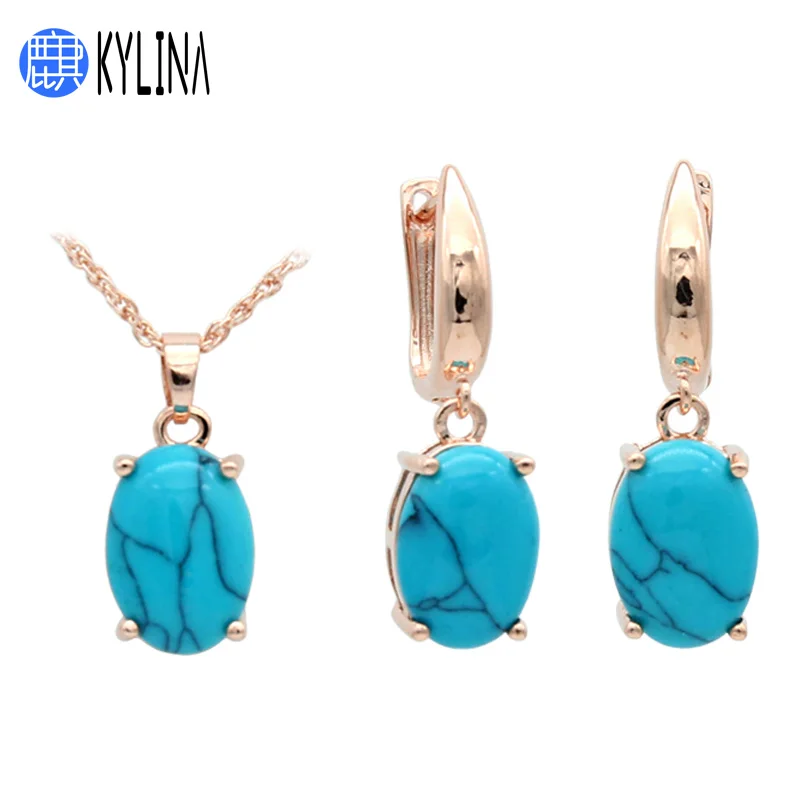 

KYLINA Fine Oval Egg Shape Turquoises 585 Rose Gold Earrings Jewelry Set For Europe America Women Temperament Fashion Jewelry