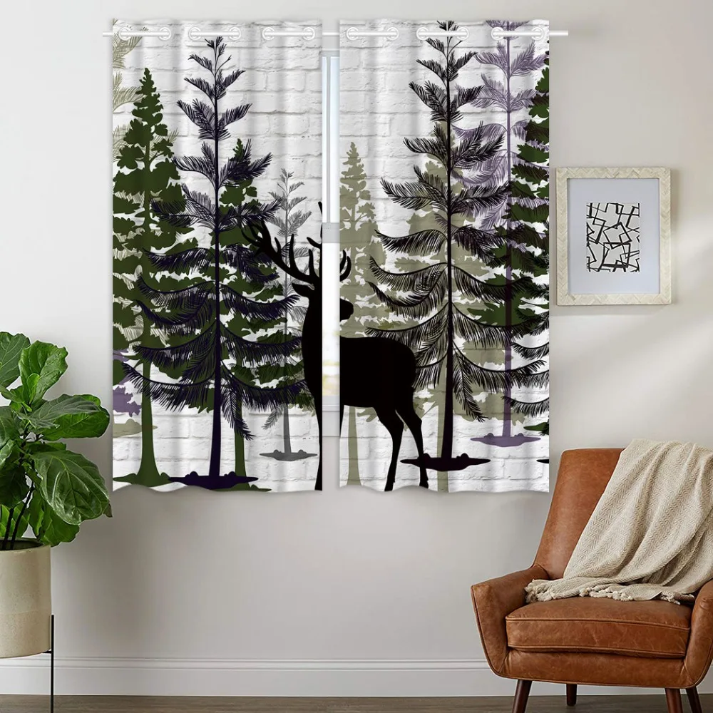 

HommomH Curtains (2 Panel) Grommet Top Darkening Blackout Room Elk Forest Silhouette White Wall Minimalist Style