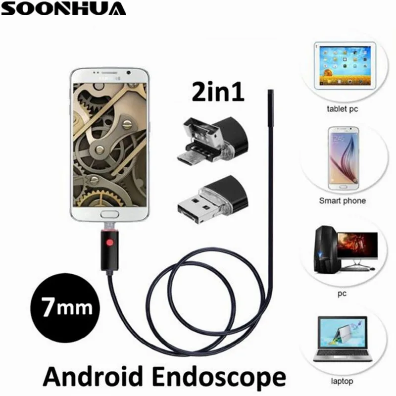 

1m/2m/5m/10m 7MM Lens 2 IN 1 Android/PC 720P HD Endoscope Tube Waterproof Snake Borescope USB Inspection Mini Camera With 6 LED