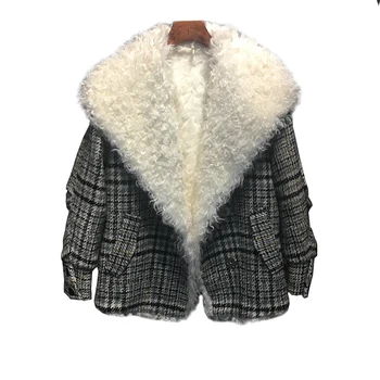 

2018 Winter Warm Fashion Short Real Fur Parka Coat Ladies Turn-Down Collar Check Plaid Wool Nick Garment Women Fur Coats Clothes