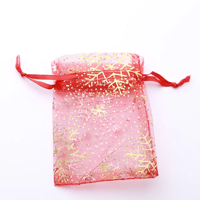 

100pcs/pack Red With Gold Snowflake And Spot Organza Pouch Gift Drawstring Bags Fit Packing 7*9cm