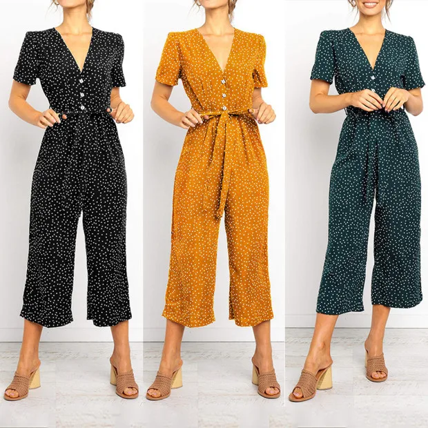 

2019 Casual Low Cut Polka Dot Printed Short Sleeve Wide Leg Jumpsuit Sexy Rompsuit and Jumpsuit