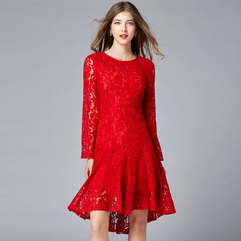 2019 spring elegant women red lace dresses plus size O neck long ...