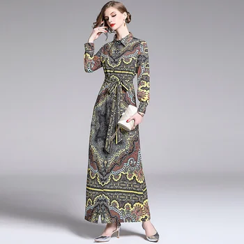 

HAMALIEL Elegant Location Holiday Maxi Dress 2019 Summer Women's Long Sleeve Floral Print Long Dress Vintage Fashion Shirt Dress