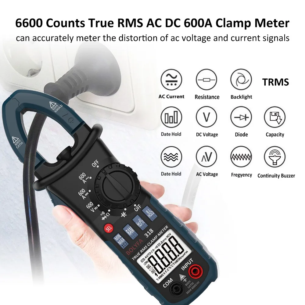 

BOLYFA Mini Digital Clamp Meter AC/DC Voltage True RMS Current Tester Capacitance Non Contact Auto Range Multimeter UT210E